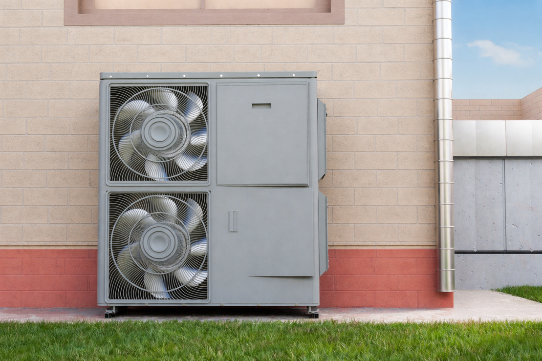 Außeneinheit einer Wärmepumpe am Einfamilienhaus