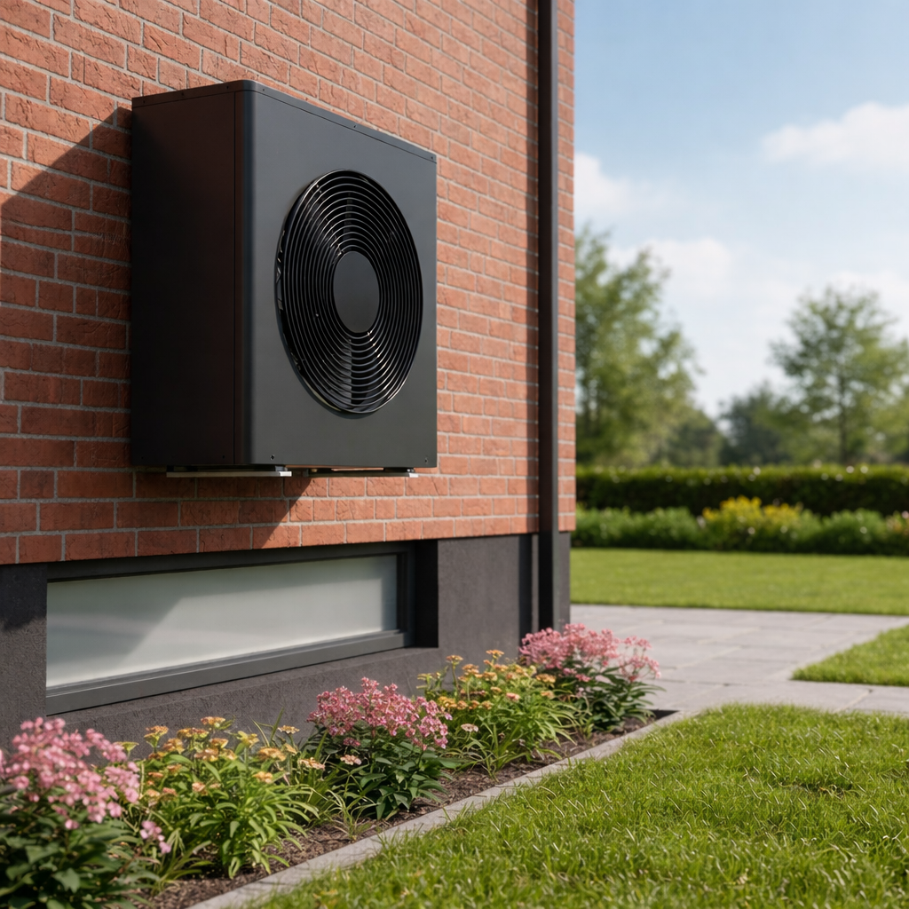 Wärmepumpe am sanierten Wohnhaus