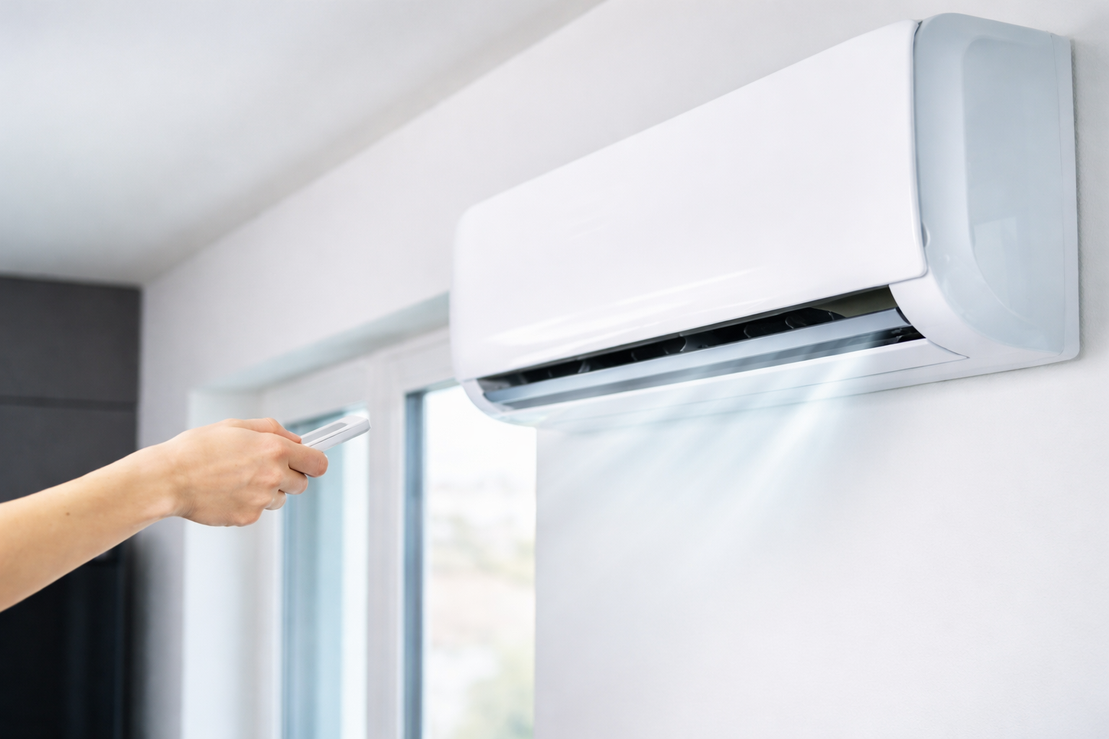 Installateur prüft eine Wärmepumpe am Haus